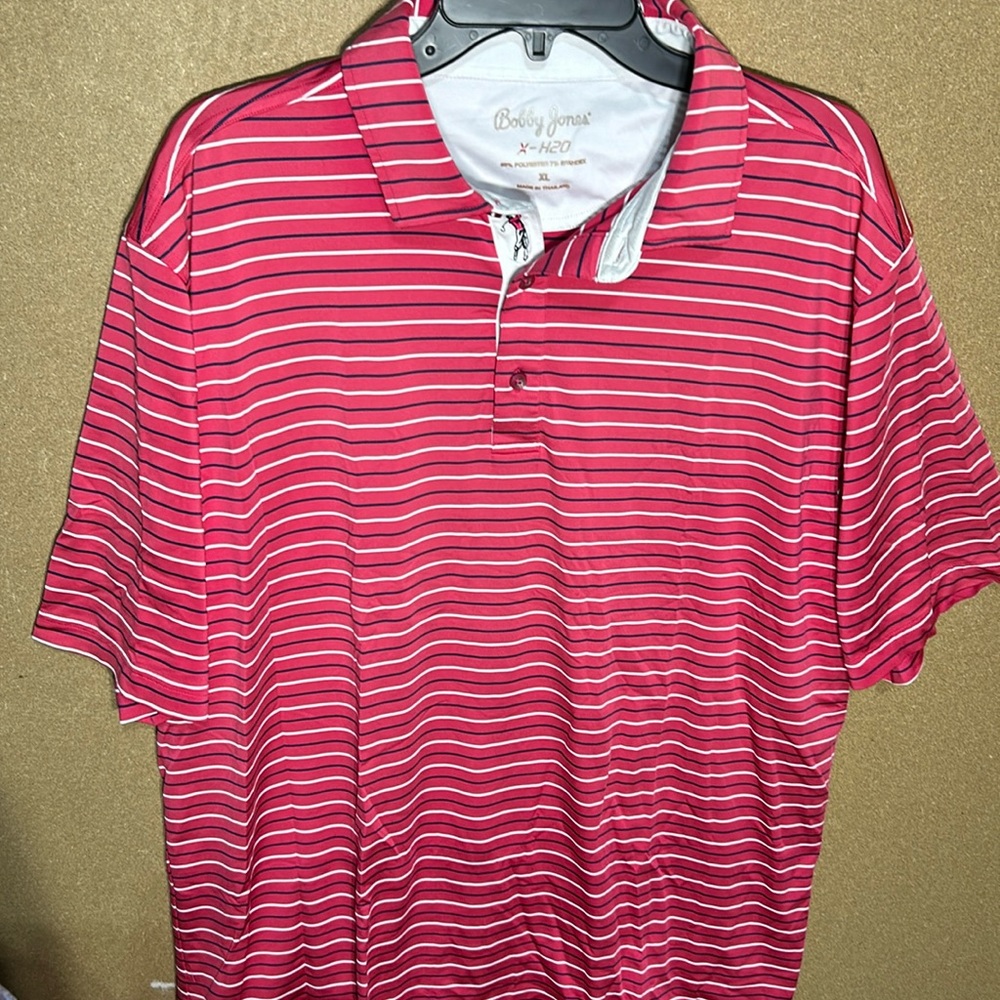 Bobby Jones X-H2O men’s red with white and black stripes golf polo (size XL)